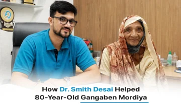 Dr Smith Desai with 80-year-old oral cancer patient Gangaben Mordiya at Heyansh Oral Cancer Hospital after successful treatment and recovery.