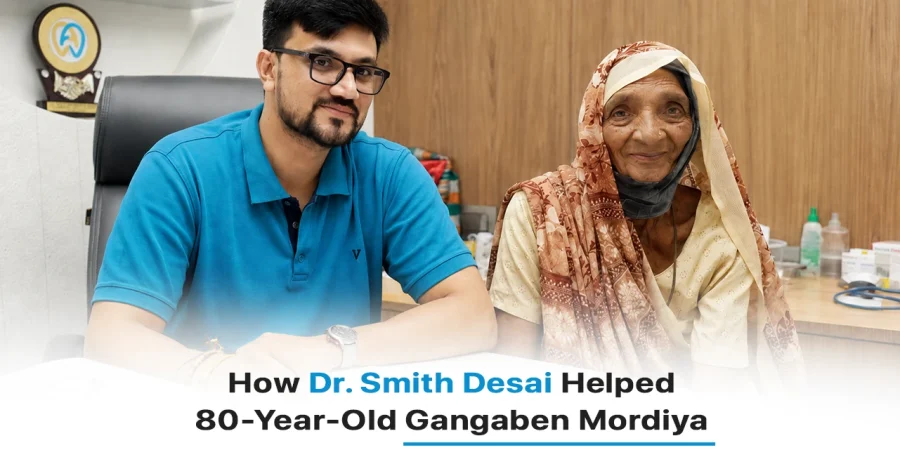 Dr Smith Desai with 80-year-old oral cancer patient Gangaben Mordiya at Heyansh Oral Cancer Hospital after successful treatment and recovery.