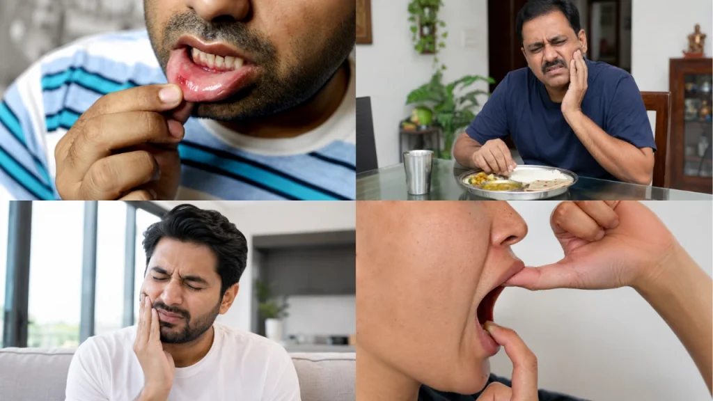 Oral cancer warning signs including mouth ulcer, jaw pain, chewing discomfort, and difficulty eating