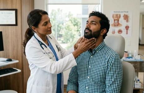 Doctor examining a patient’s neck during post-surgery rehabilitation for speech, swallowing, and functional recovery at an oral cancer hospital in Ahmedabad.