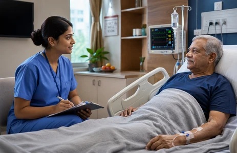 Nurse supporting an elderly cancer patient with pain management and palliative care at an oral cancer hospital in Ahmedabad.