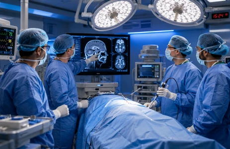 Surgical team reviewing craniofacial scans before skull base surgery for advanced oral and head and neck cancer at an oncology hospital in Ahmedabad.
