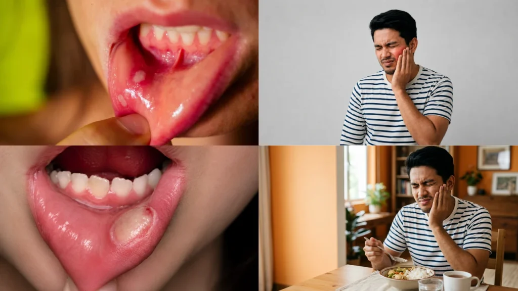 Oral cancer symptoms including mouth ulcer, jaw pain, and eating discomfort shown with patient awareness visuals
