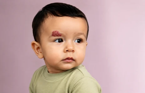 Child with facial hemangioma receiving care for vascular malformations of the head, neck, and oral region at an oncology hospital in Ahmedabad.