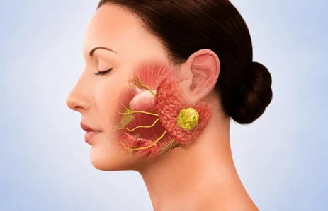 Medical illustration of a parotid salivary gland tumour treated by a head and neck cancer surgeon in Ahmedabad.