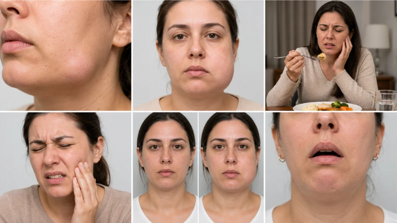Visual guide showing facial swelling, pain, difficulty eating, changes in appearance, and difficulty opening the mouth.