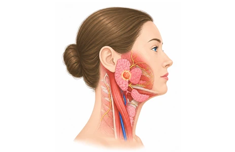 Medical illustration of adenoid cystic carcinoma in the salivary gland and head-neck region, showing a condition often treated with craniofacial surgery, craniofacial reconstruction surgery, skull base surgery ENT, and ENT skull base surgery. Useful for topics like craniofacial surgery in India and craniofacial surgery cost.
