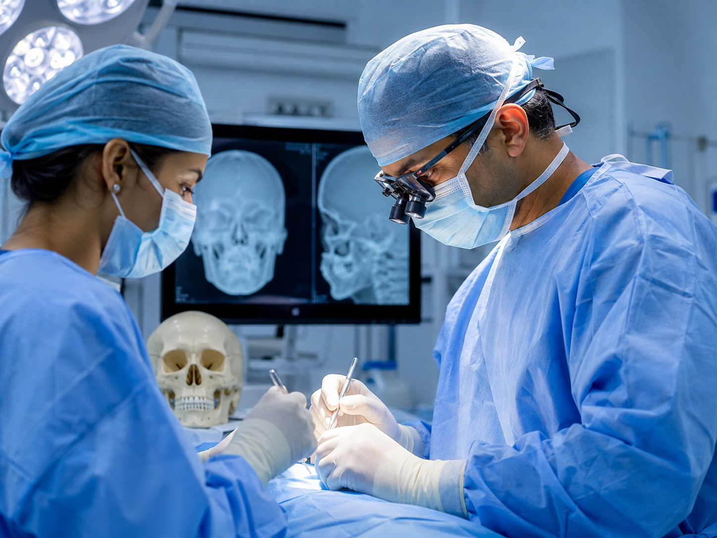 Craniofacial surgical team performing complex skull base and facial tumour surgery with craniofacial imaging in the operating room, related to craniofacial surgery in India, craniofacial reconstruction surgery, skull base surgery ENT, and ENT skull base surgery.