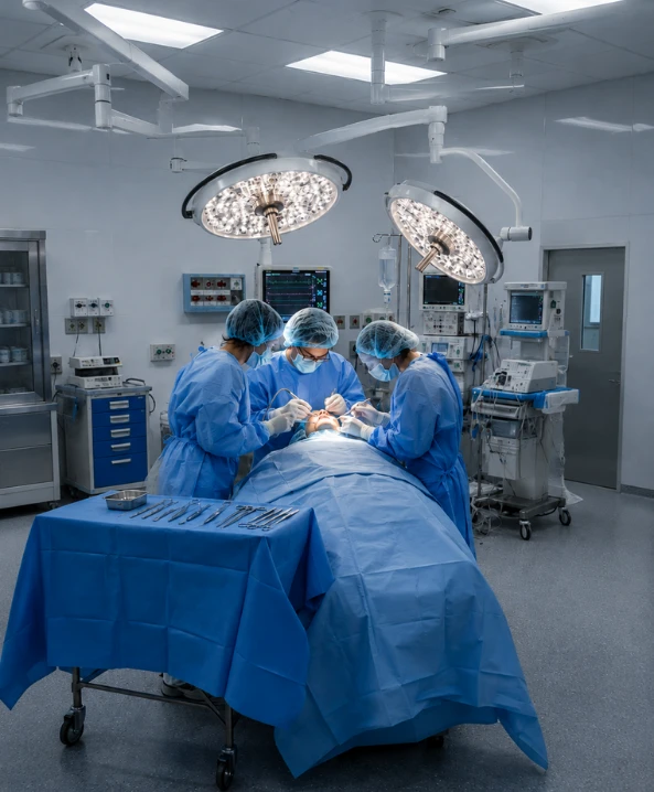 Surgical team performing mouth cancer surgery and reconstruction in a modern operating theatre in Ahmedabad.