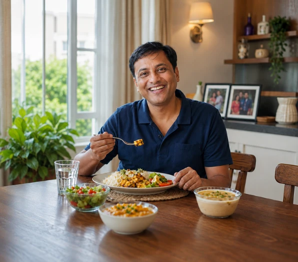Patient eating comfortably after tongue cancer surgery reconstruction, showing restored speech and swallowing function.