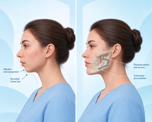 Before and after jaw reconstruction showing corrected jaw position, titanium plates, and maxillofacial prosthesis planning after oral cancer surgery