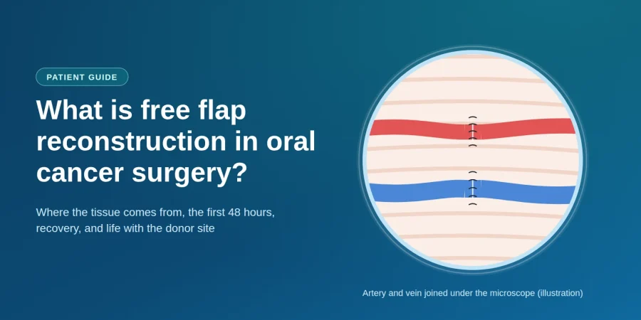 Illustration of an artery and vein joined under a microscope, for a patient guide to free flap reconstruction.