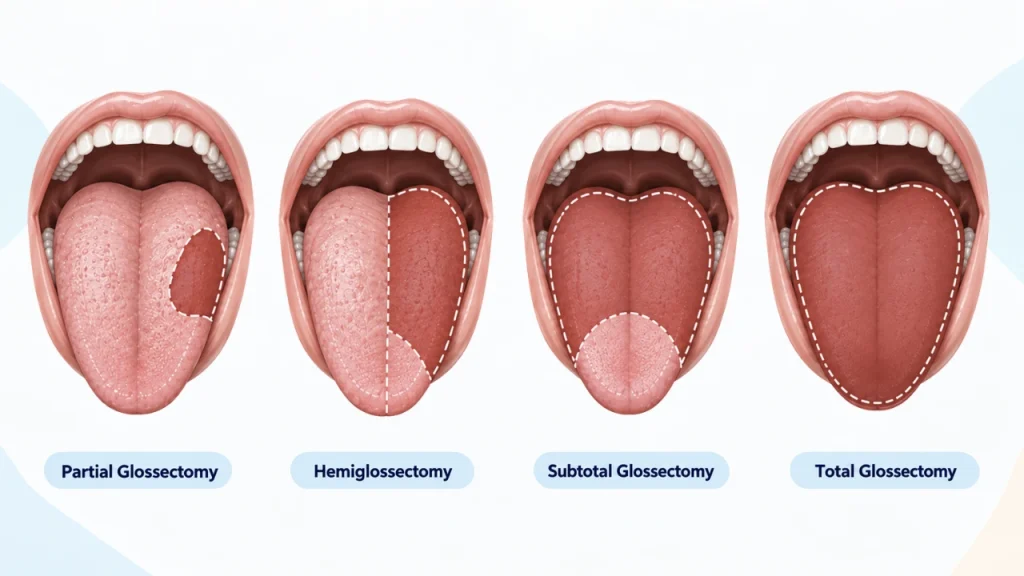 Diagram comparing the types of glossectomy: partial, hemiglossectomy, subtotal and total glossectomy, showing how much tongue is removed in each